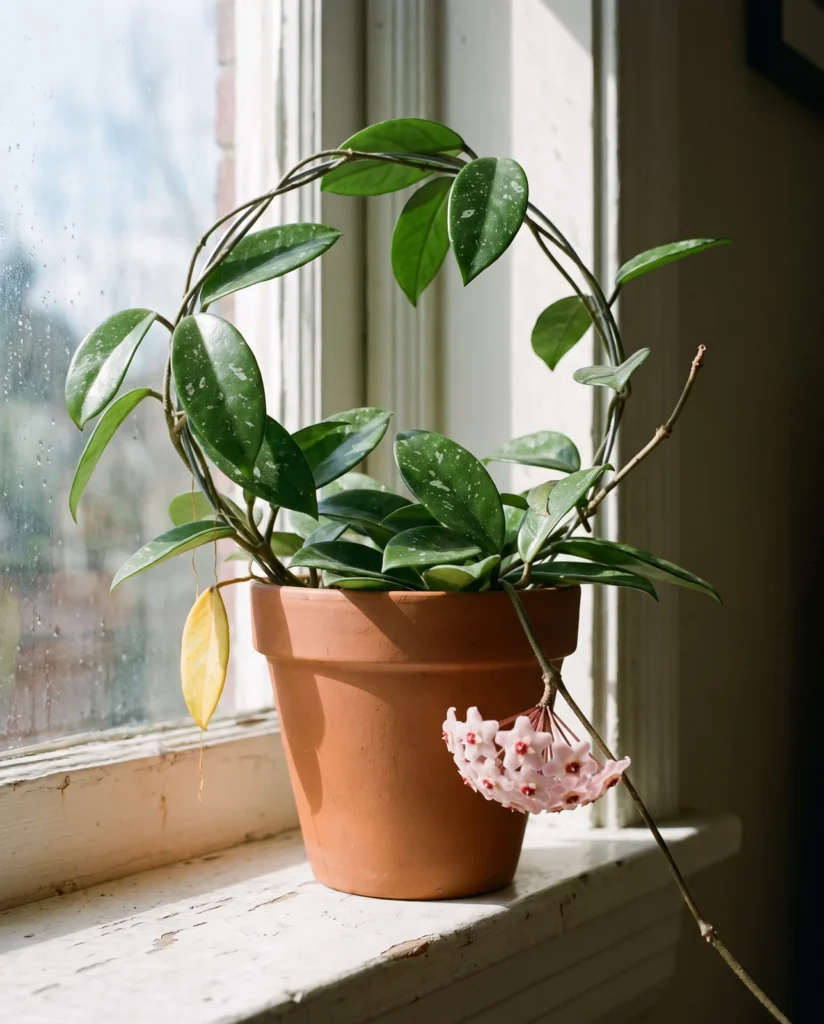 An old wax plant on an apartment sill, its vines trained around a wire hoop, one pink umbel hanging below the waxy leaves