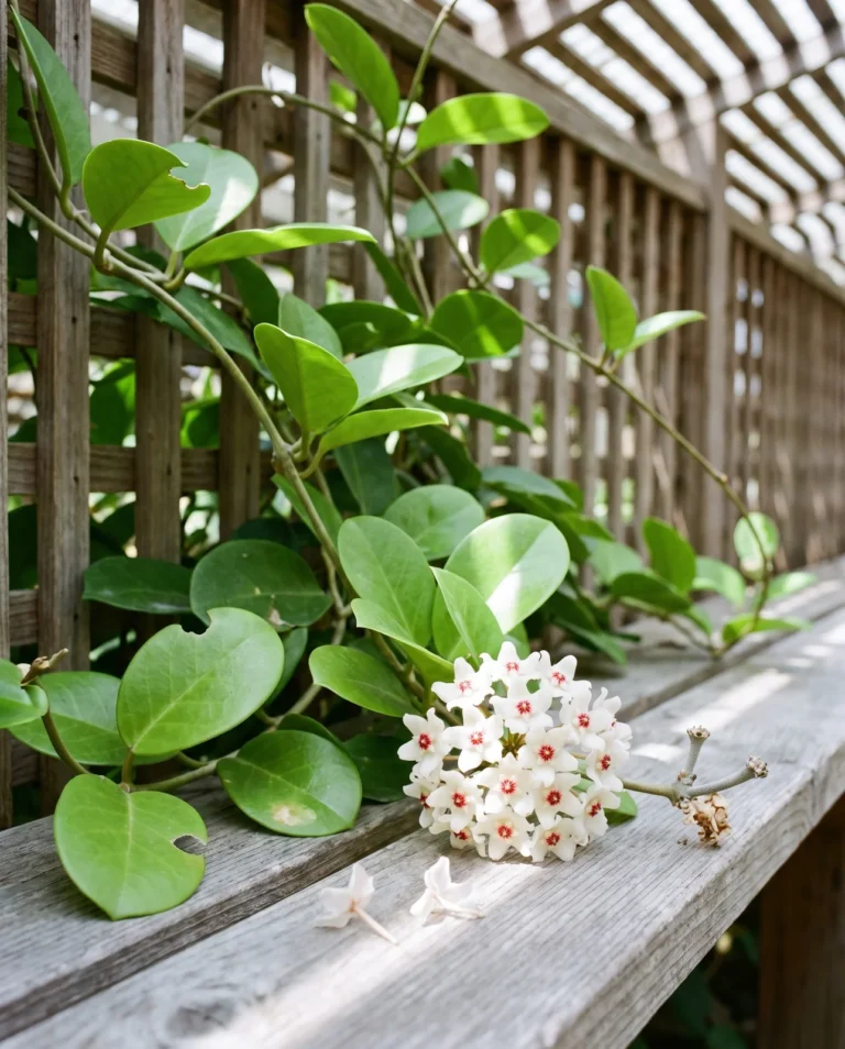 Hoya australis with rounded bright green leaves and a cluster of fragrant white flowers with red centres, on a lath house bench