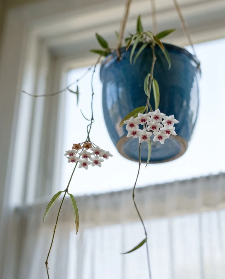 A dwarf Hoya bella in a small hanging pot with drooping clusters of white flowers each carrying a red-centred star corona