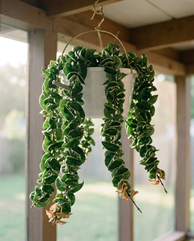 A Hindu rope hoya with tightly folded curled leaves packed along its stems, hanging in a basket on a sunporch