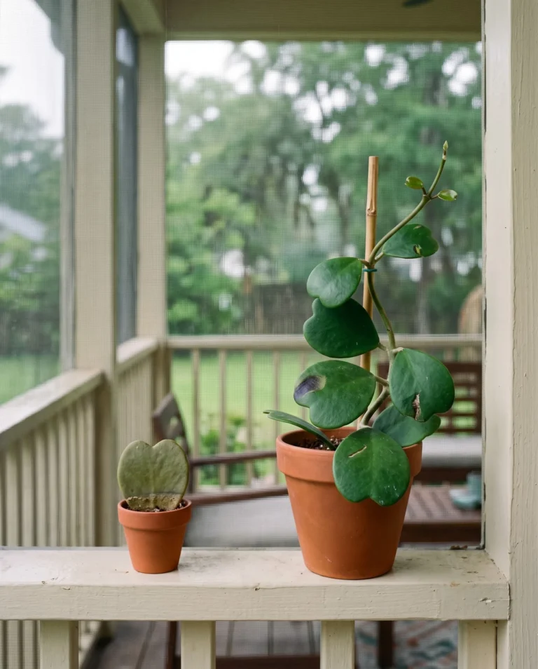 A sweetheart hoya vine with thick heart-shaped leaves beside a single rooted leaf standing alone in a small pot