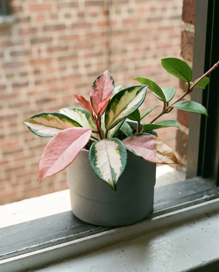 Krimson Princess hoya leaves with pink and white variegation inside the leaf and dark green margins around it