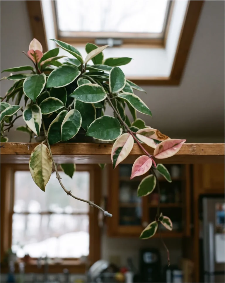 Krimson Queen hoya leaves with a green centre ringed by creamy white to pink margins, the mirror image of the Princess