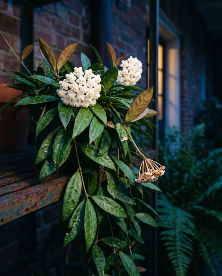 Hoya lacunosa with small pitted dark green leaves and flat clusters of fuzzy white flowers with yellow centres, at dusk