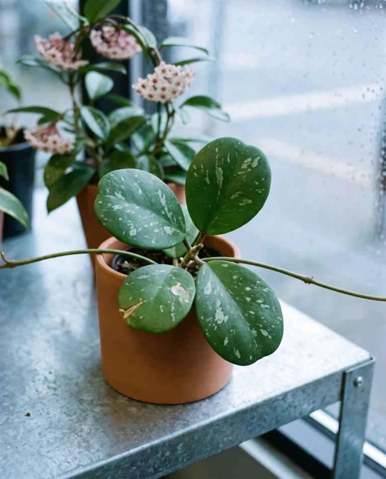 Hoya obovata with large round deep green leaves splashed with silver, on a plant shop bench behind rain-beaded glass