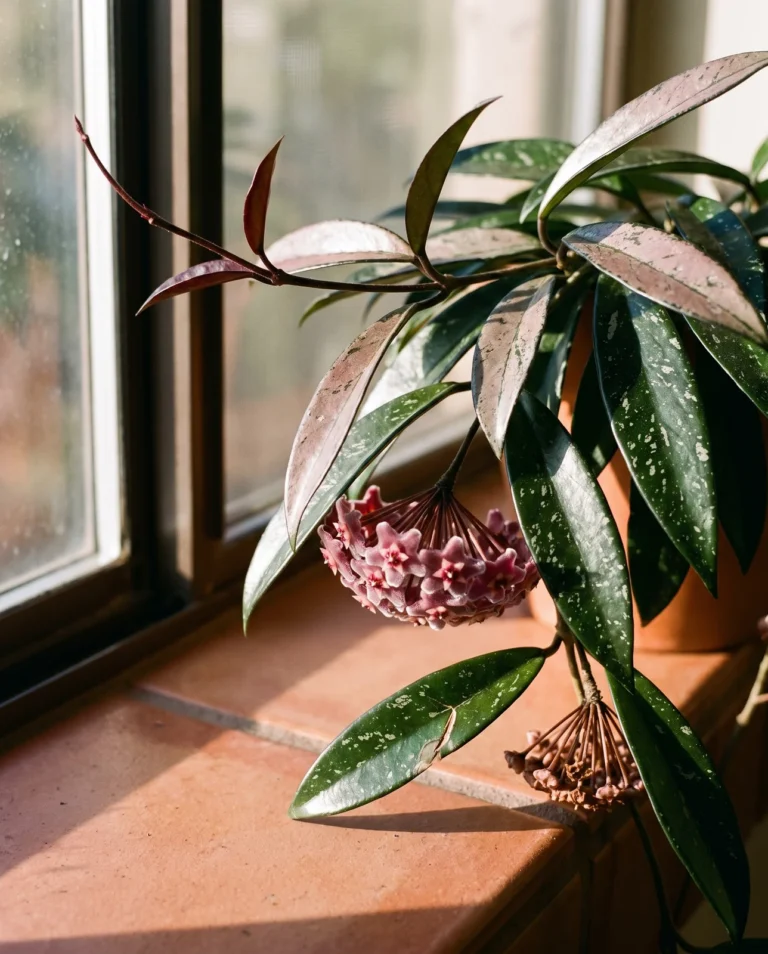 Hoya pubicalyx with long narrow glossy dark leaves flecked silver, turning pink in strong light, with a dark pink flower cluster