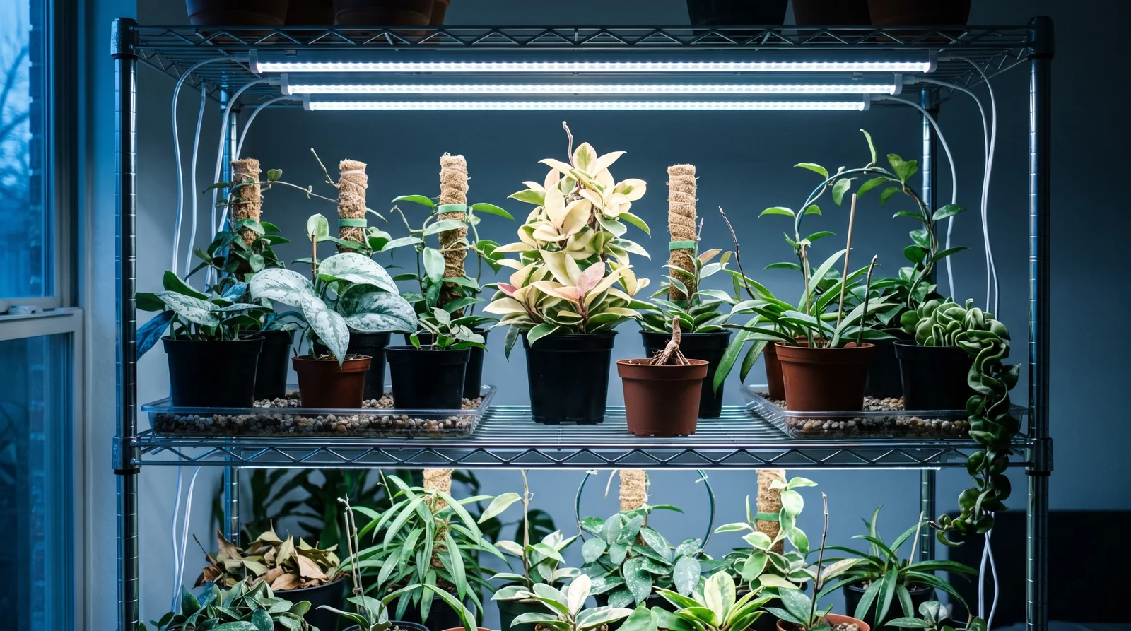 A collector's steel shelving unit of many hoyas under LED bars at dusk, moss poles and humidity trays among plain nursery pots