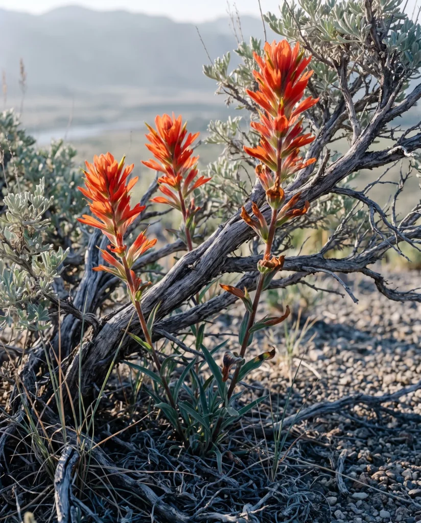 Wyoming paintbrush growing up through the middle of a big sagebrush, scarlet bracts sitting among the shrub's silver leaves