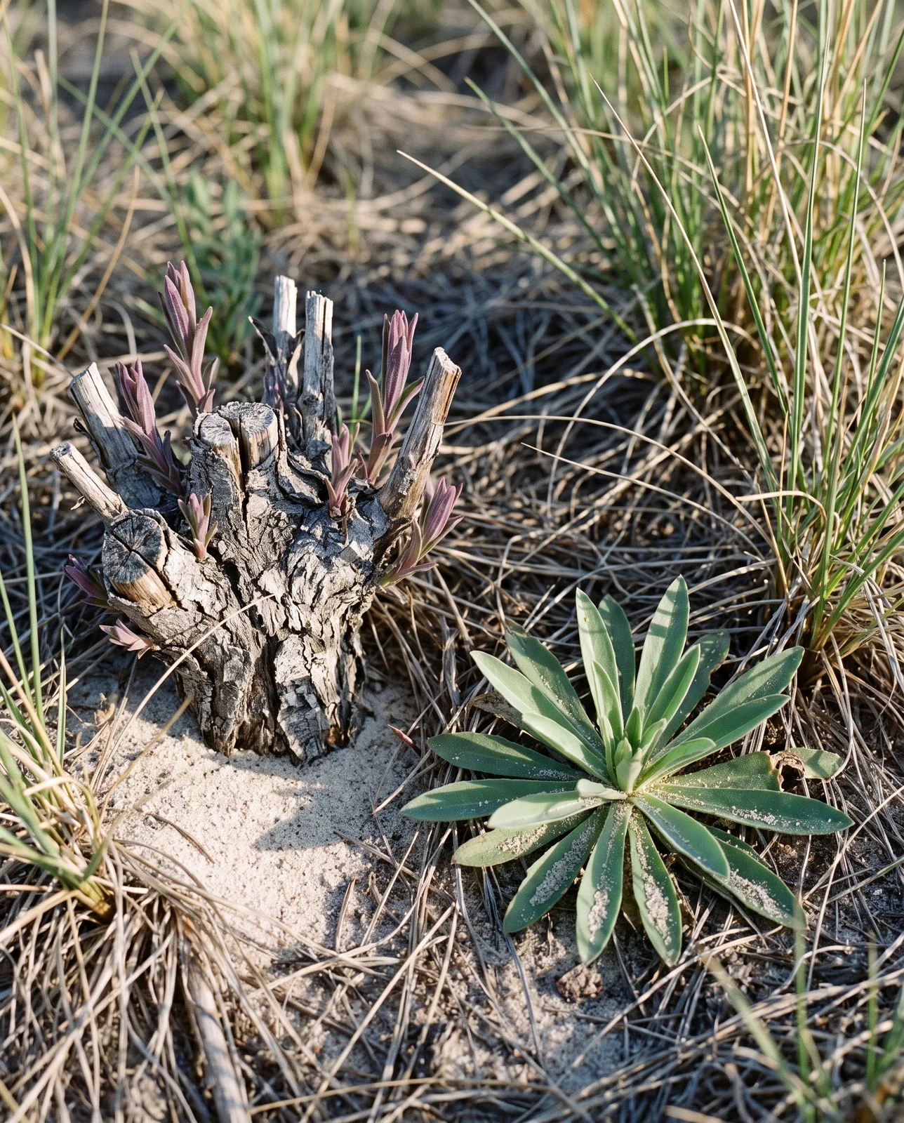The woody root crown of a perennial paintbrush pushing several stems, with a flat first-year rosette of another plant in the grass beside it