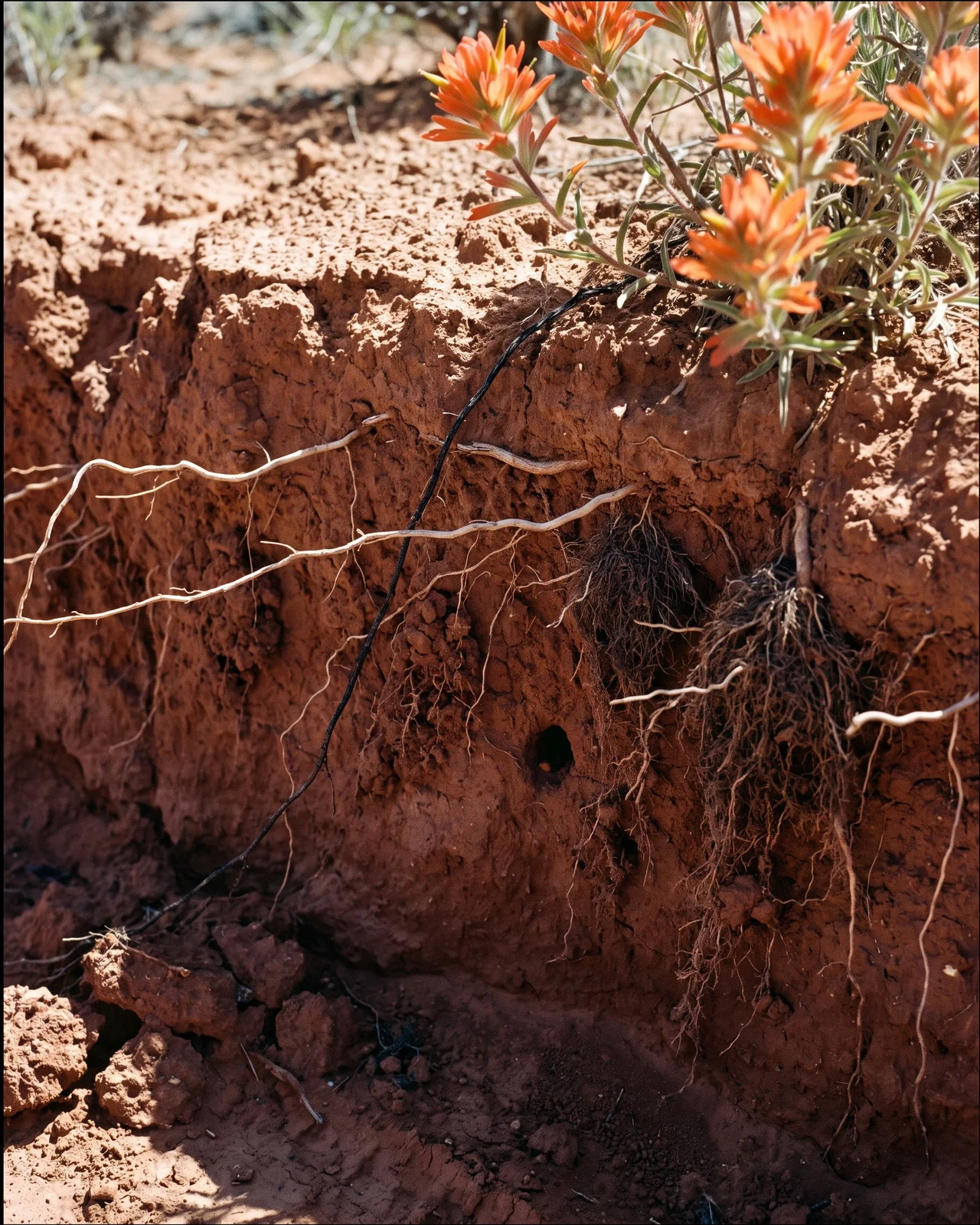 An eroded soil face beside a two-track where paintbrush roots can be seen running sideways into the root mass of a bunchgrass