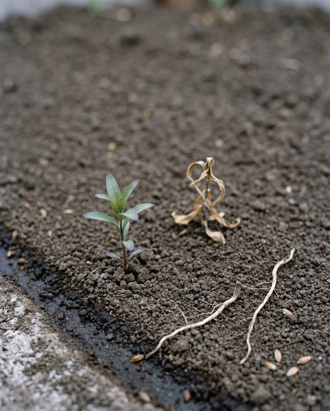 Two tiny paintbrush seedlings failing in a freshly cultivated garden bed, one stunted and one collapsed brown