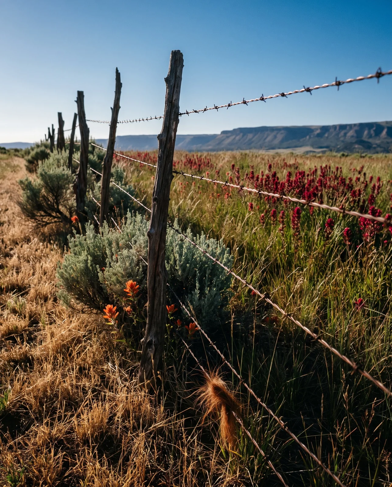 A wire fence on weathered posts running across sagebrush rangeland with paintbrush flowering on both sides and the grass grazed short on one