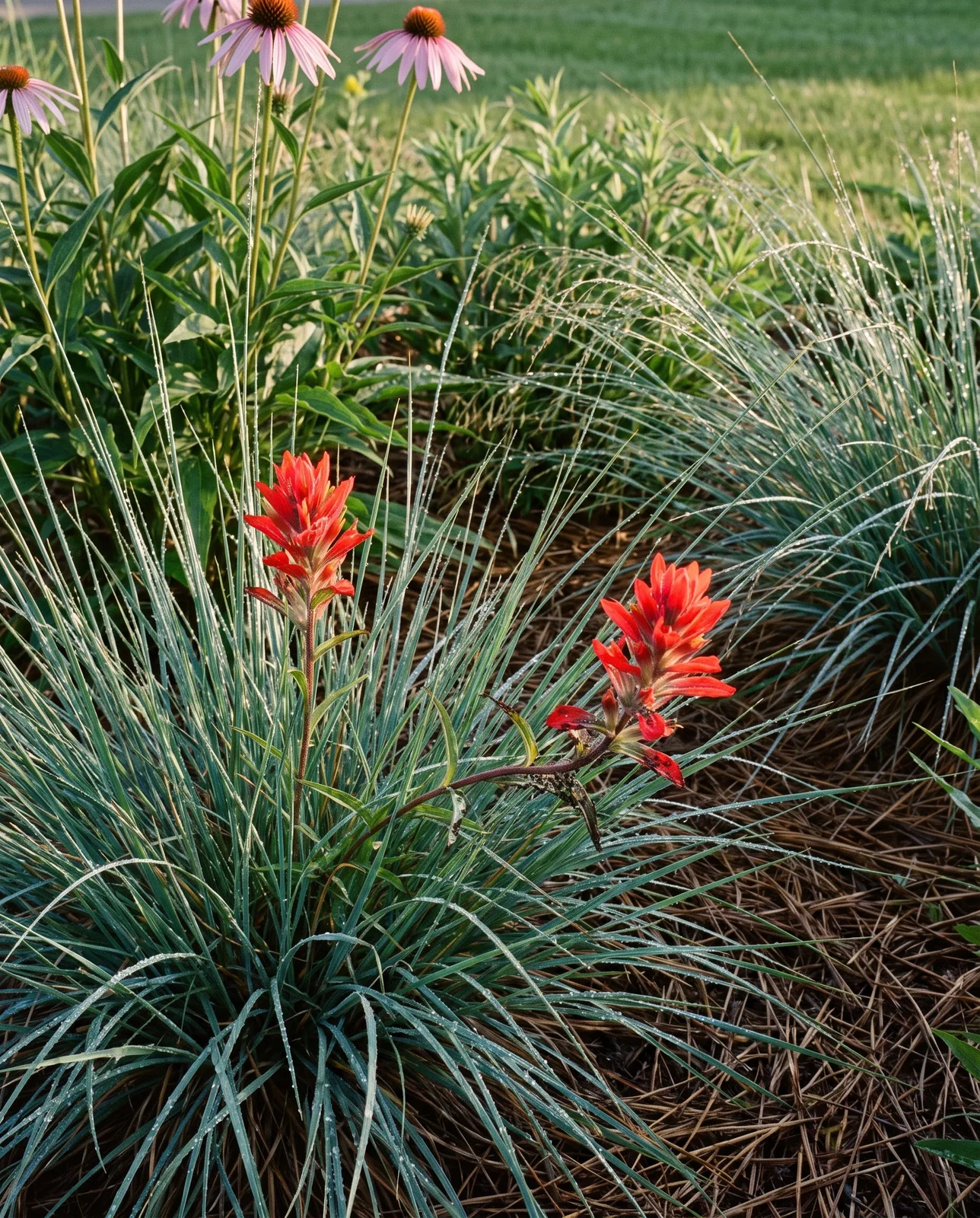 Paintbrush spikes standing inside an established clump of little bluestem in a home prairie planting after rain