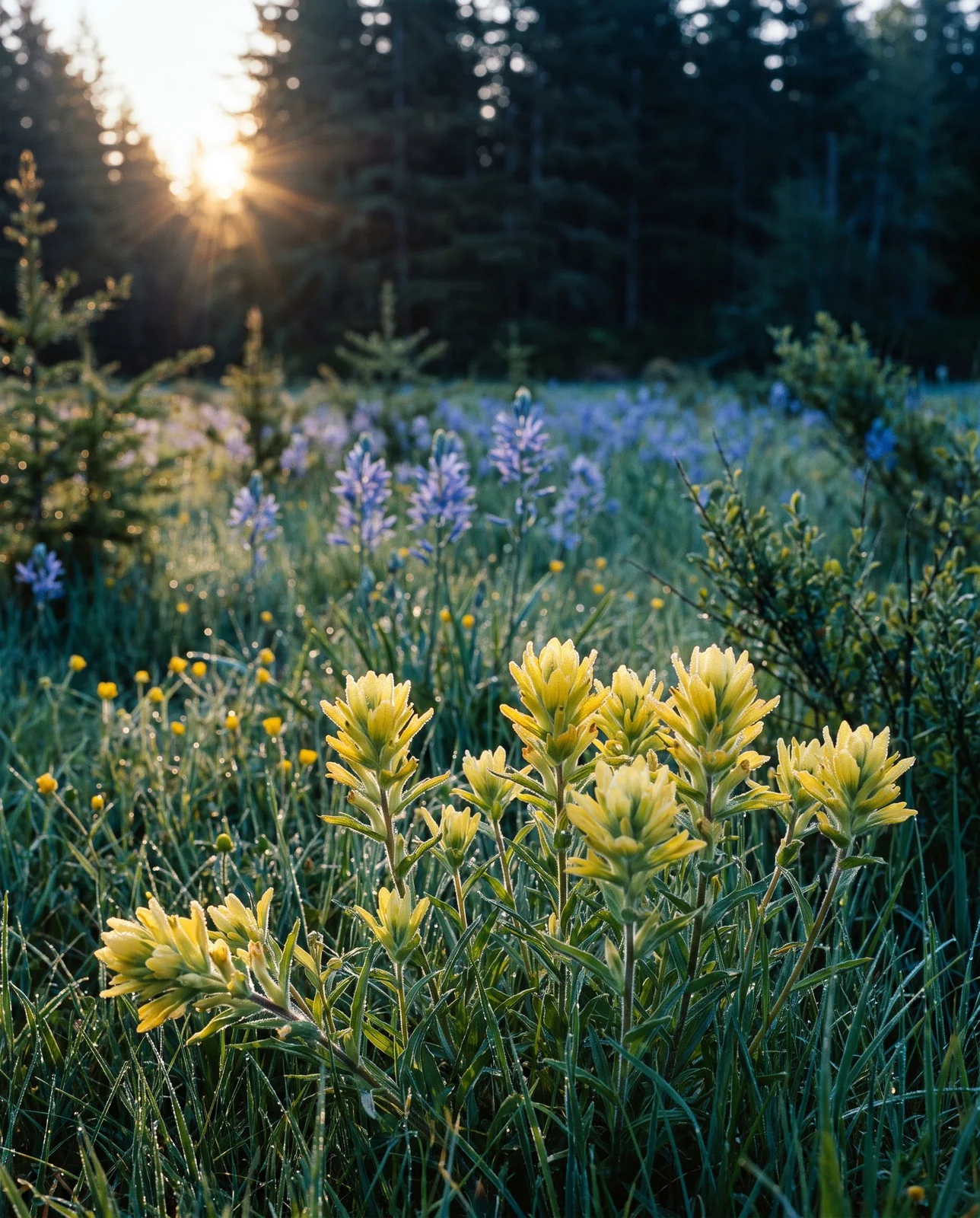 Golden paintbrush and camas flowering across a small remaining patch of Puget Sound outwash prairie at dawn