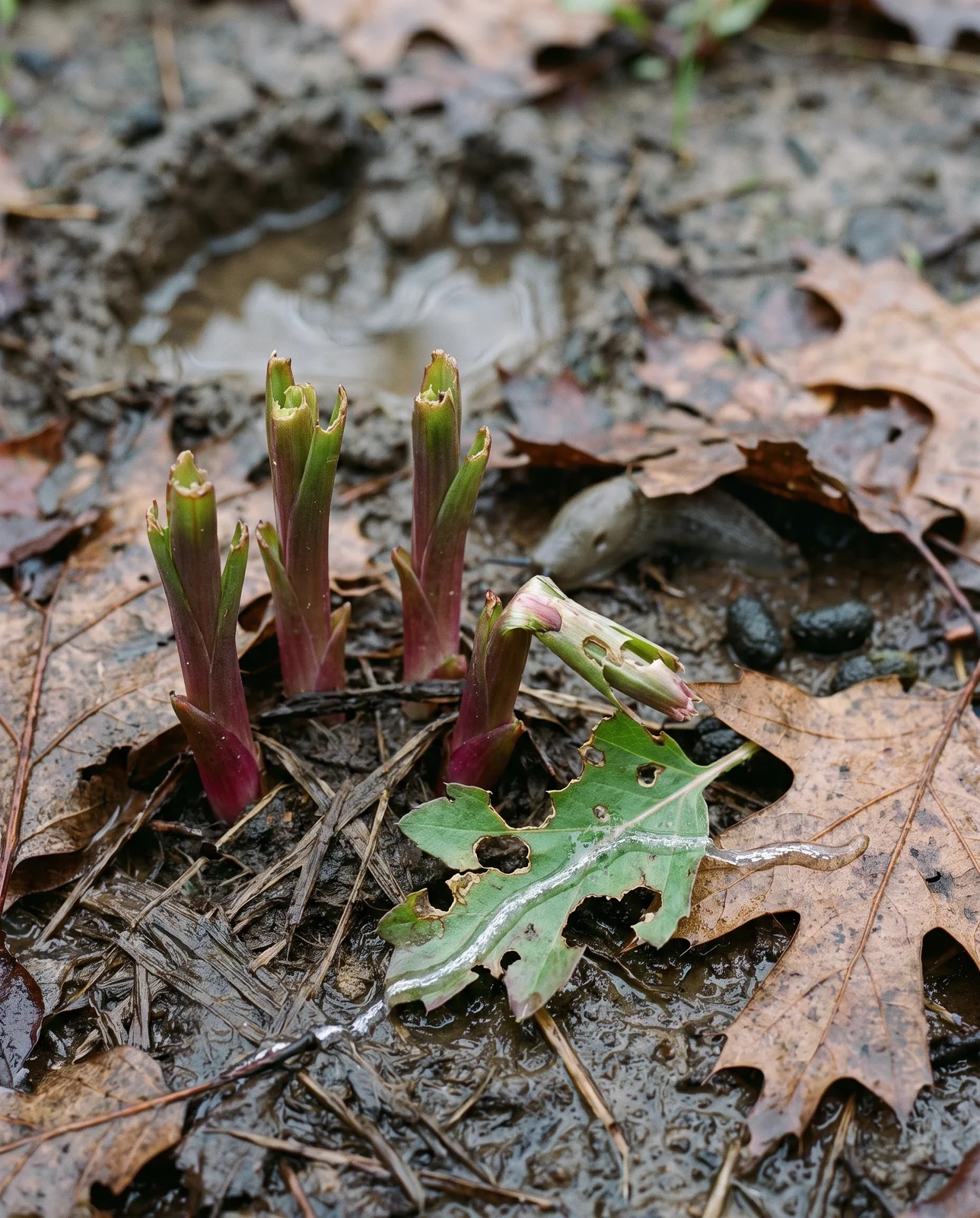 Emerging paintbrush shoots chewed ragged at the tips by slugs in wet spring ground, with a slime trail across a leaf