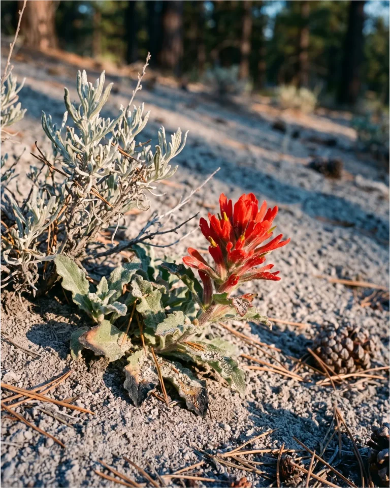Applegate's paintbrush with sticky wavy-edged leaves flowering low against a sagebrush on Cascade pumice