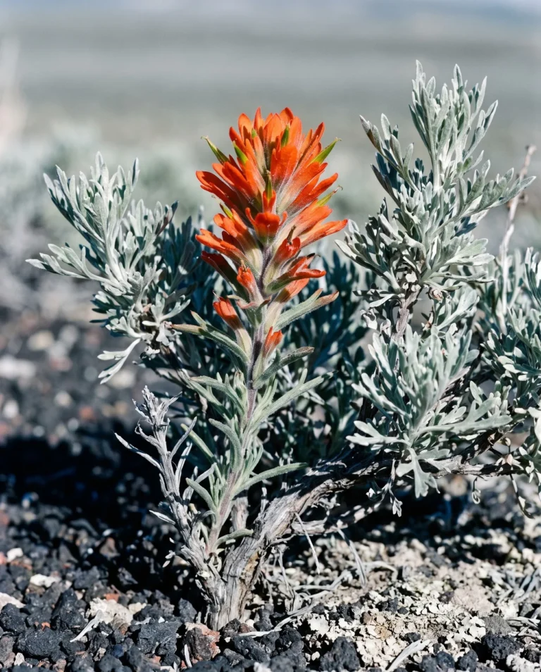 Desert paintbrush with grey-green woody-based stems flowering from inside a big sagebrush on volcanic gravel