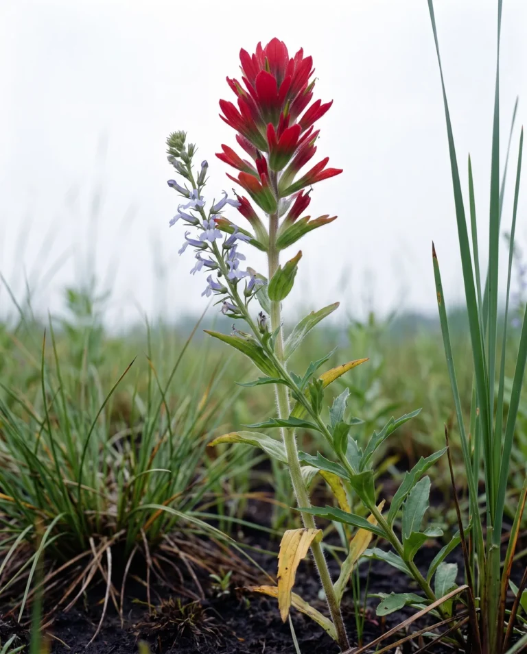 Scarlet paintbrush flowering in a wet eastern prairie with pale spiked lobelia growing against its stem
