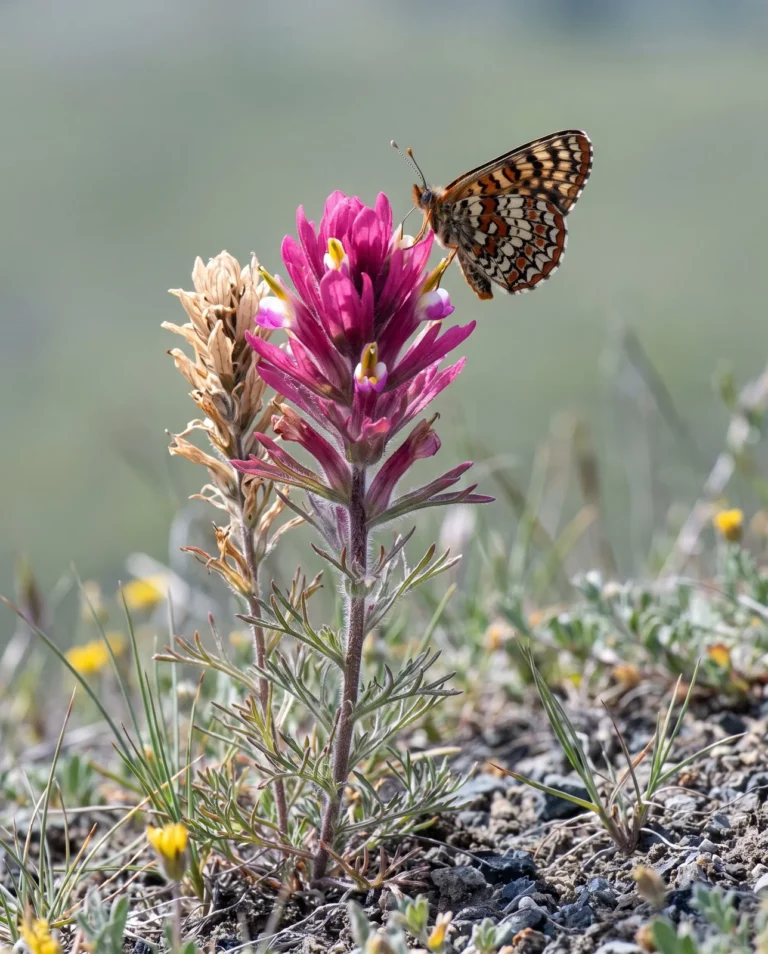 Purple owl's clover in California serpentine grassland with a Bay checkerspot butterfly resting on the flower head