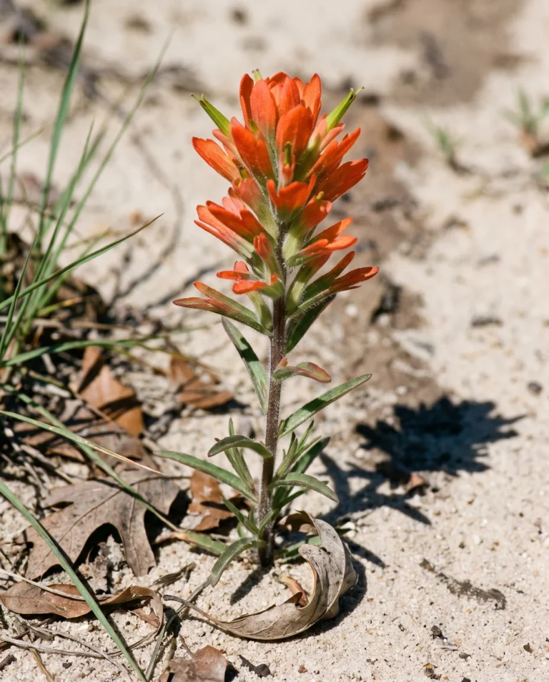 A short annual Texas paintbrush on sandy ground, blunt orange-red spike over a hairy stem and narrow leaves