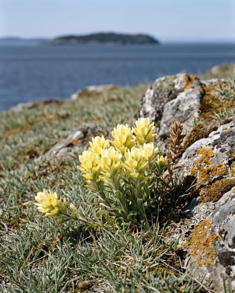 Golden paintbrush with soft yellow bracts flowering in fescue on a San Juan Island coastal bluff