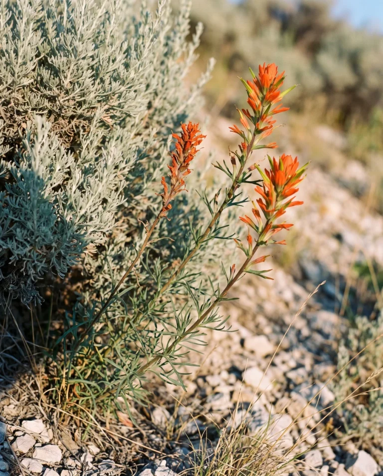 Wyoming paintbrush with narrow linear leaves and a loose open spike leaning out of a sagebrush on a rocky slope