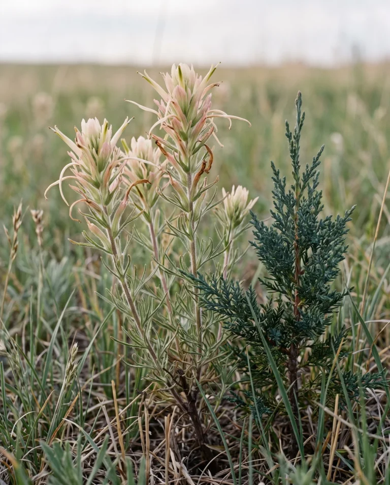 Downy paintbrush with pale cream-pink long-tubed flowers standing in shortgrass prairie beside a young eastern redcedar
