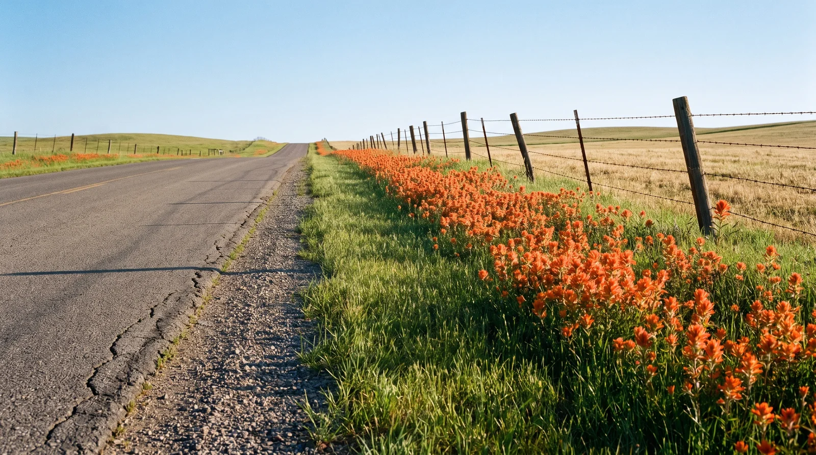 A two-lane highway verge where paintbrush flowers thickly in the unmown strip beyond the mown edge and stops at the fence line