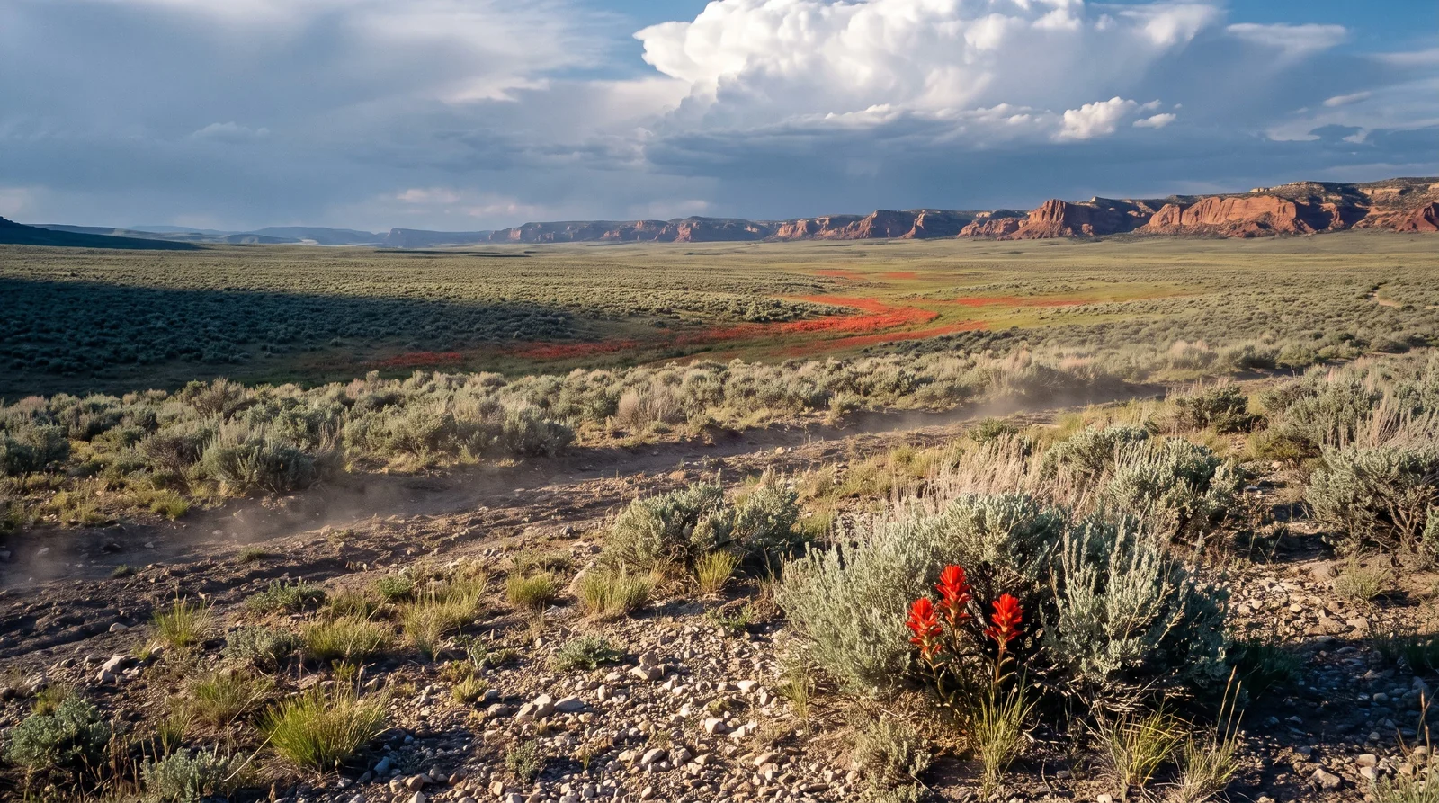 A wide sagebrush basin with a scarlet drift of paintbrush across the middle distance under a building thunderhead
