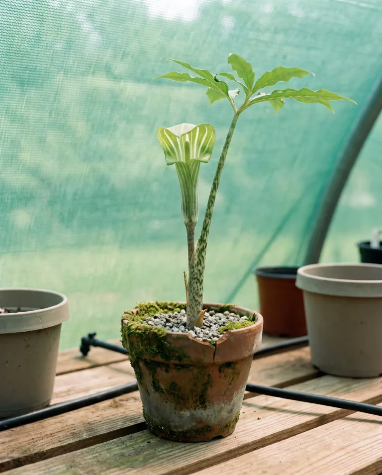 A collector Arisaema from China in a clay pot on a shade-house bench, clearly nursery stock rather than a wild plant