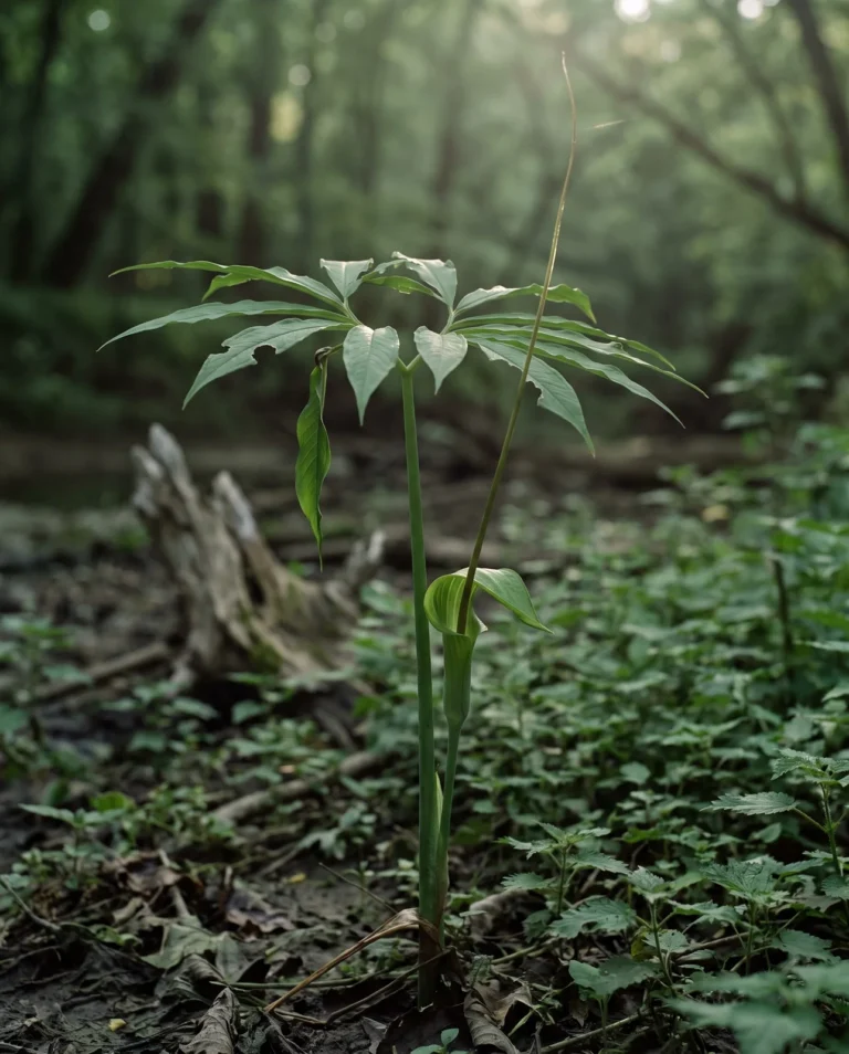 Green dragon showing a horseshoe of eleven narrow leaflets and a long whip-like spadix in Missouri bottomland