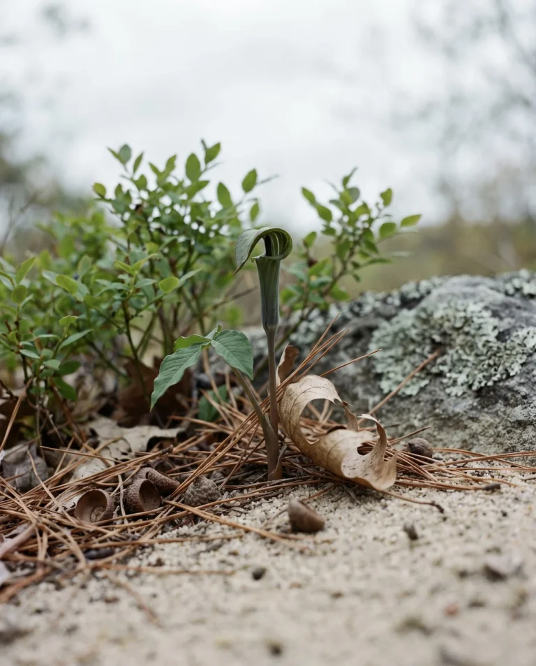 A small, plain-hooded coastal-plain jack-in-the-pulpit standing alone in thin litter over pale sand