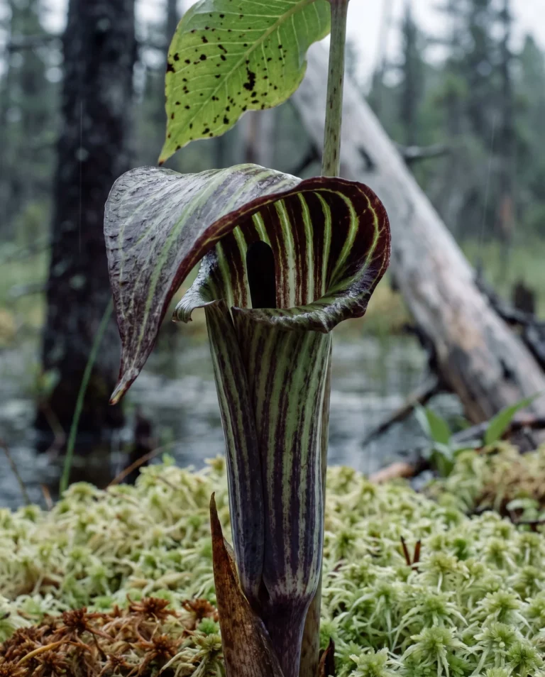 The bog form of jack-in-the-pulpit with a strongly fluted, boldly striped spathe standing in wet sphagnum