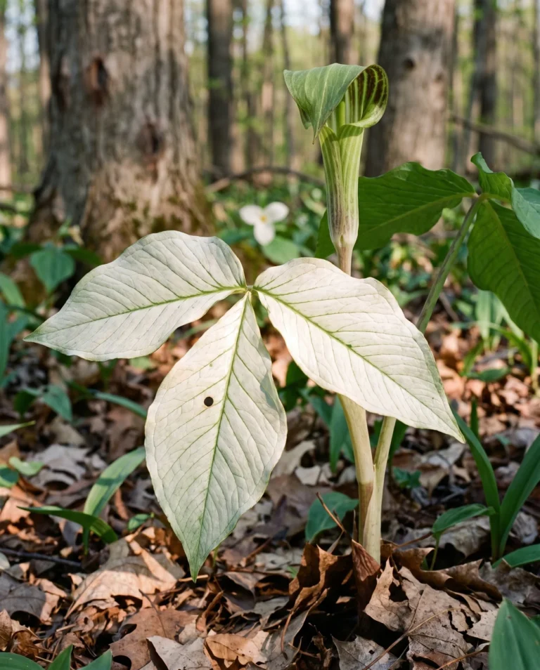 The common subspecies of jack-in-the-pulpit shot from below to show its whitish glaucous leaf undersides