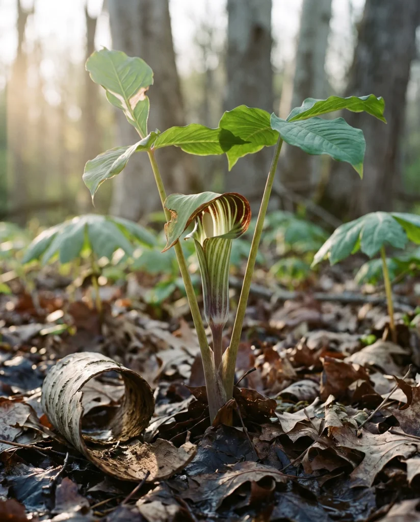 A flowering jack-in-the-pulpit with a maroon-striped hood standing in leaf litter on an Indiana bottomland terrace in April