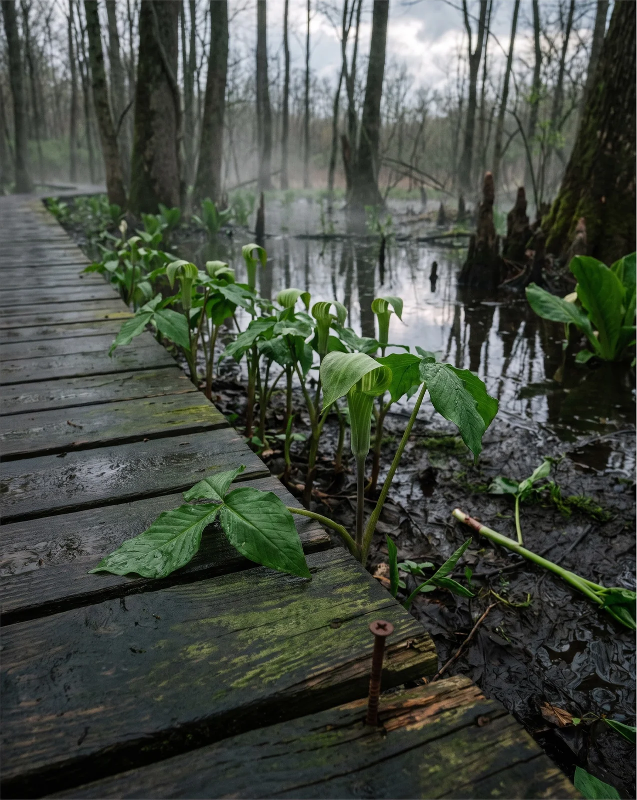 Wild jack-in-the-pulpit growing just off a weathered boardwalk on a flooded national forest bottomland trail