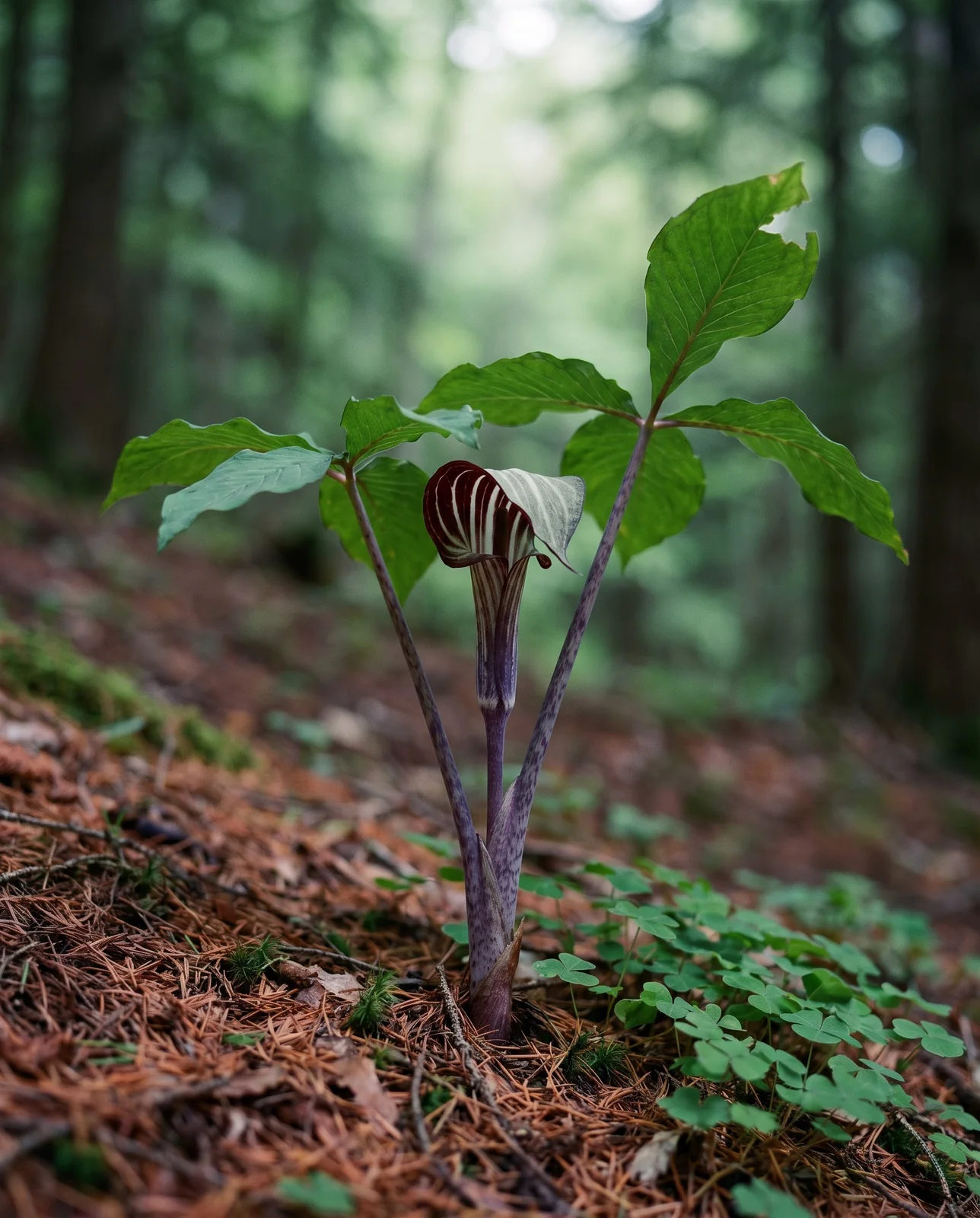 A large two-leaved jack-in-the-pulpit with a broad striped hood on the same hemlock slope, shot to match the small plant
