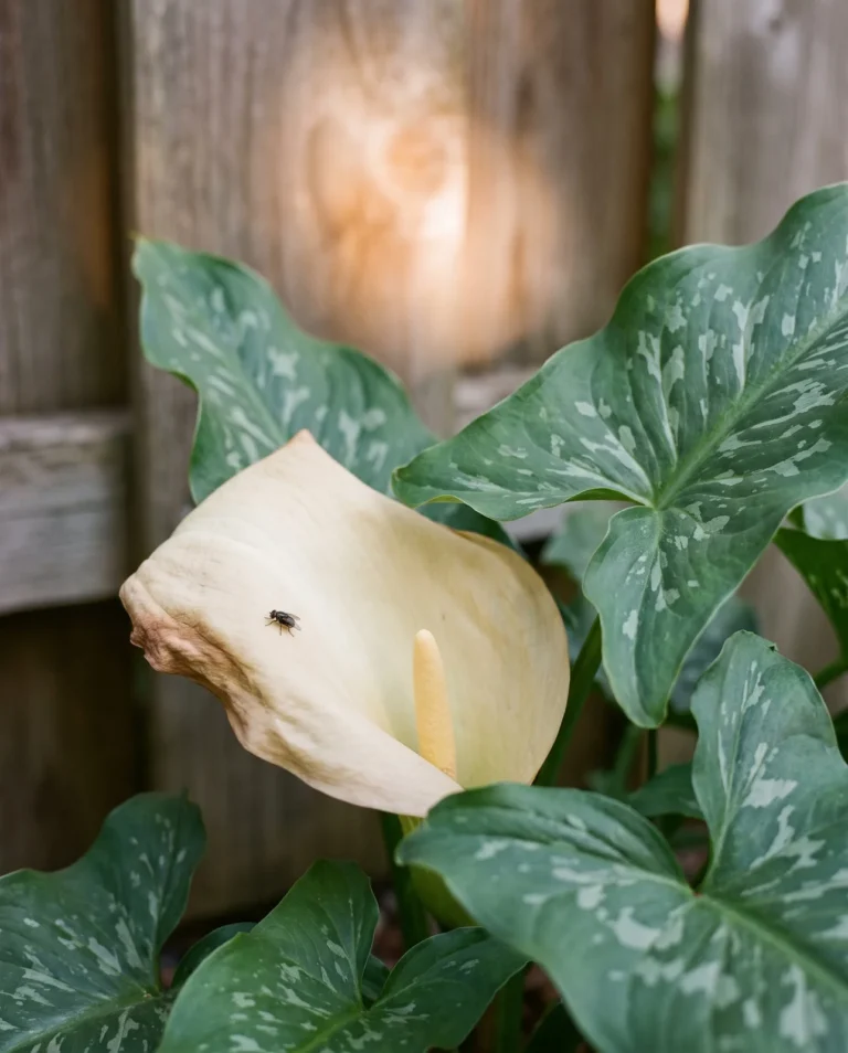 The pale cream cowl and stubby spike of Italian arum held low beneath its own marbled leaves in April
