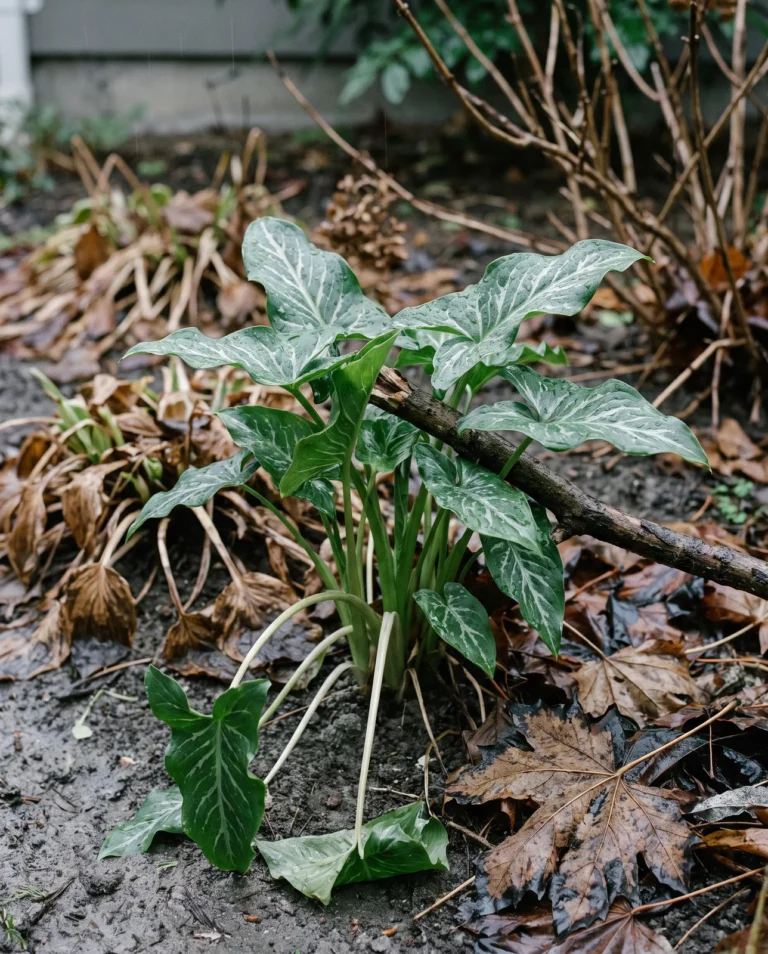Italian arum standing glossy and green in a November shade bed where every other plant has collapsed