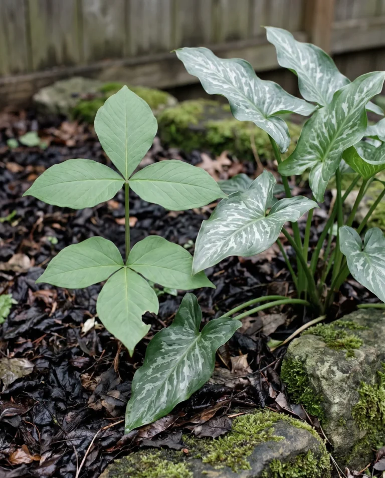 A three-leaflet jack-in-the-pulpit leaf beside the silver-marbled arrowhead leaves of invasive Italian arum