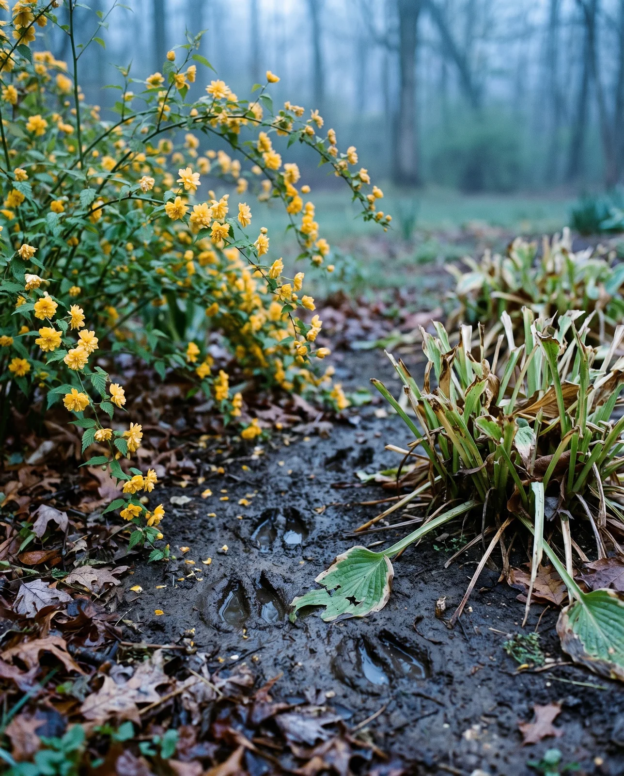 Kerria in full flower and untouched beside hostas chewed down to ragged stalks, with deer tracks pressed into wet soil