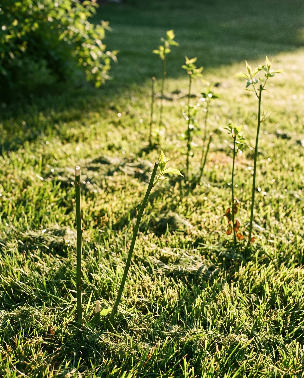 Thin green kerria suckers pushing up through mown grass several feet away from the parent shrub