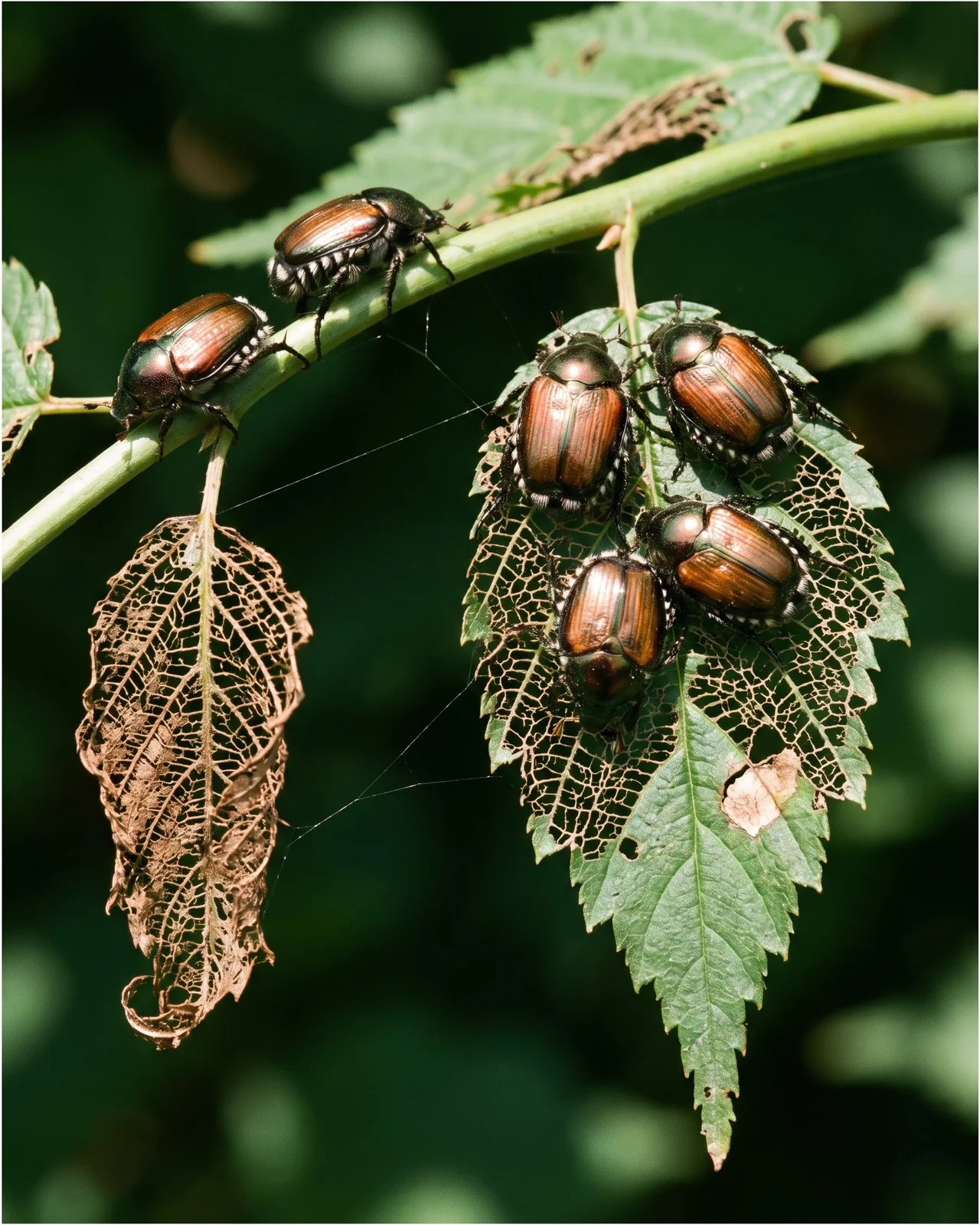 Japanese beetles clustered on kerria leaves in July, feeding between the veins and leaving lace-like holes