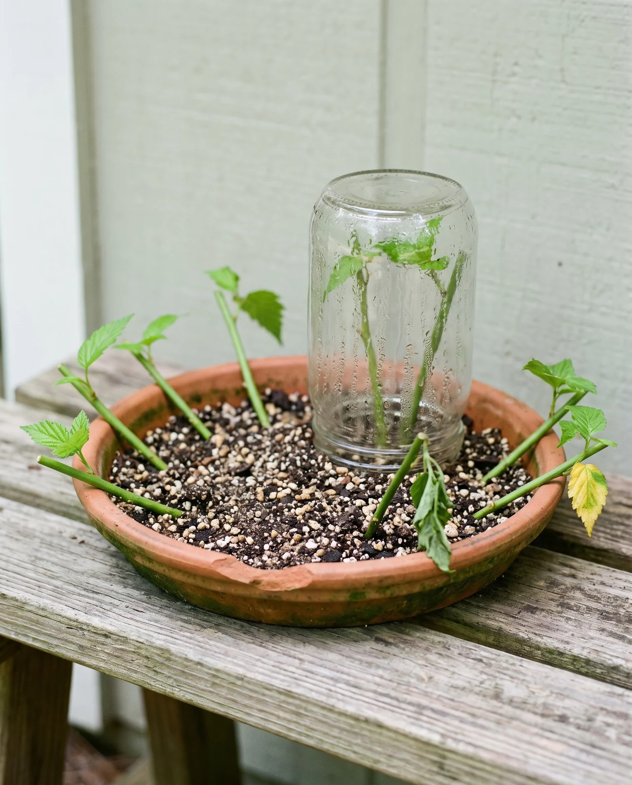 Softwood kerria cuttings stuck around the rim of a clay pan of gritty mix on a shaded bench under an upturned glass jar