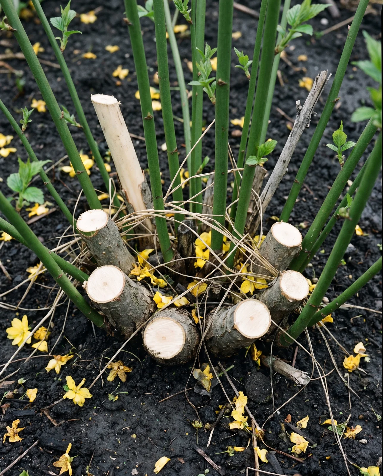 The base of a kerria clump just after flowering, showing pale cut stubs of old canes among fresh green shoots and fallen petals