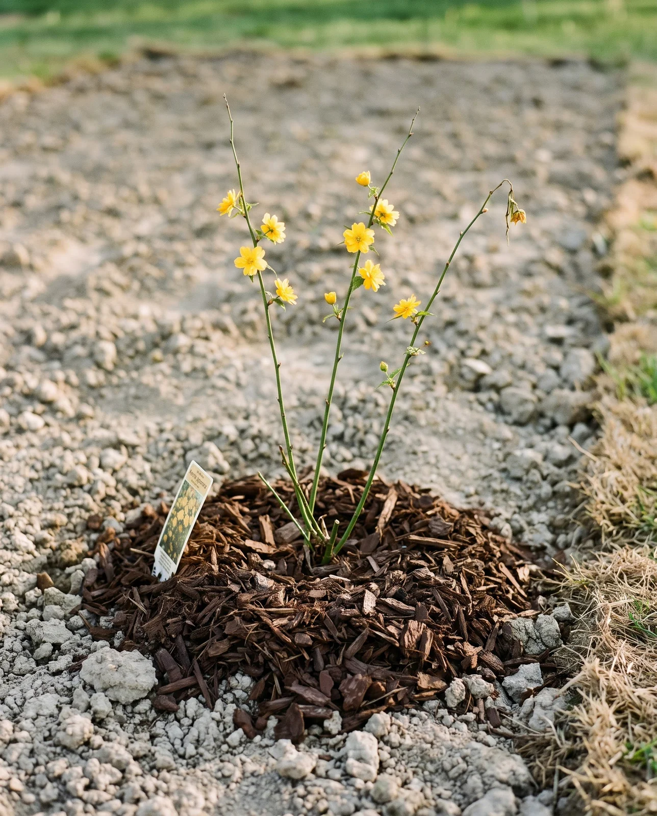 A young kerria in its first spring, three thin canes in a fresh mulch ring carrying only a handful of flowers