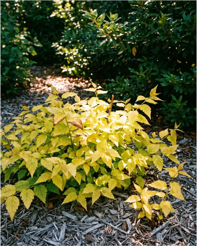 Kerria Chiba Gold with bright gold-yellow summer foliage spreading as a low colony through an arboretum bed
