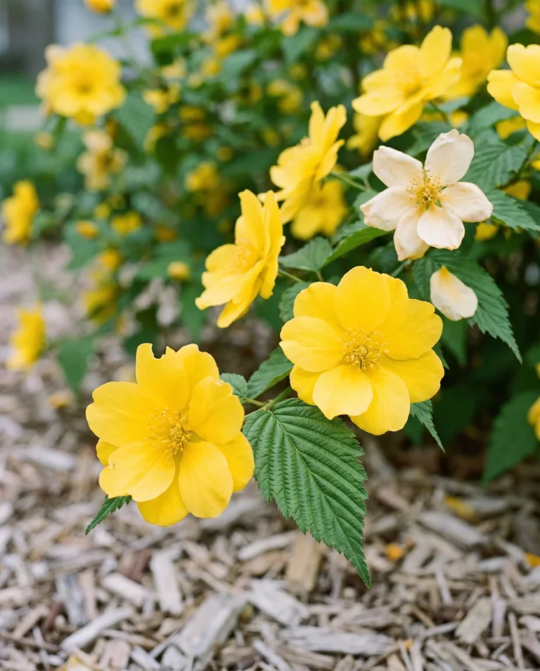 Kerria Golden Guinea showing very large flat single yellow flowers and heavily veined leaves on a compact shrub