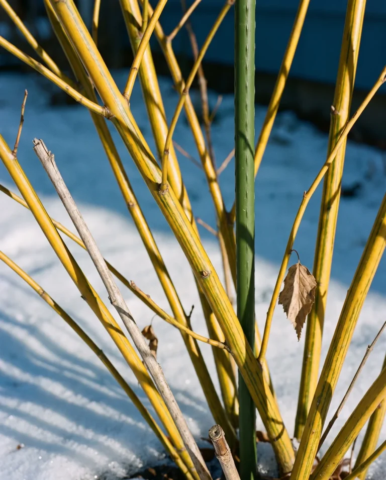 Kerria Kin Kan in winter with yellow stems striped thinly in green, beside one plain green reverted cane