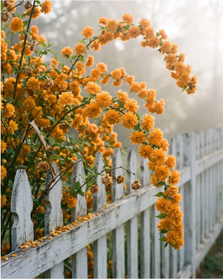 Kerria japonica Pleniflora carrying dense orange-gold double pompom flowers along tall arching canes at a picket fence